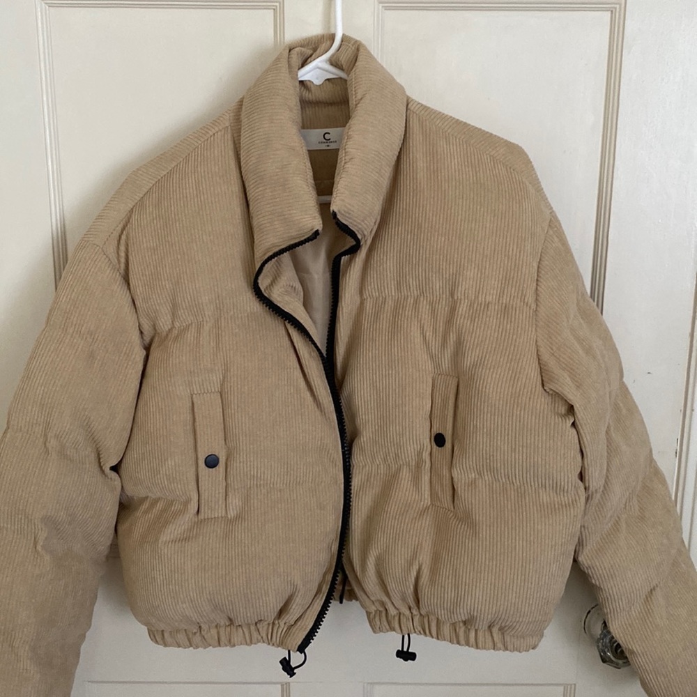 Cropped Tan Corduroy Puffer Jacket